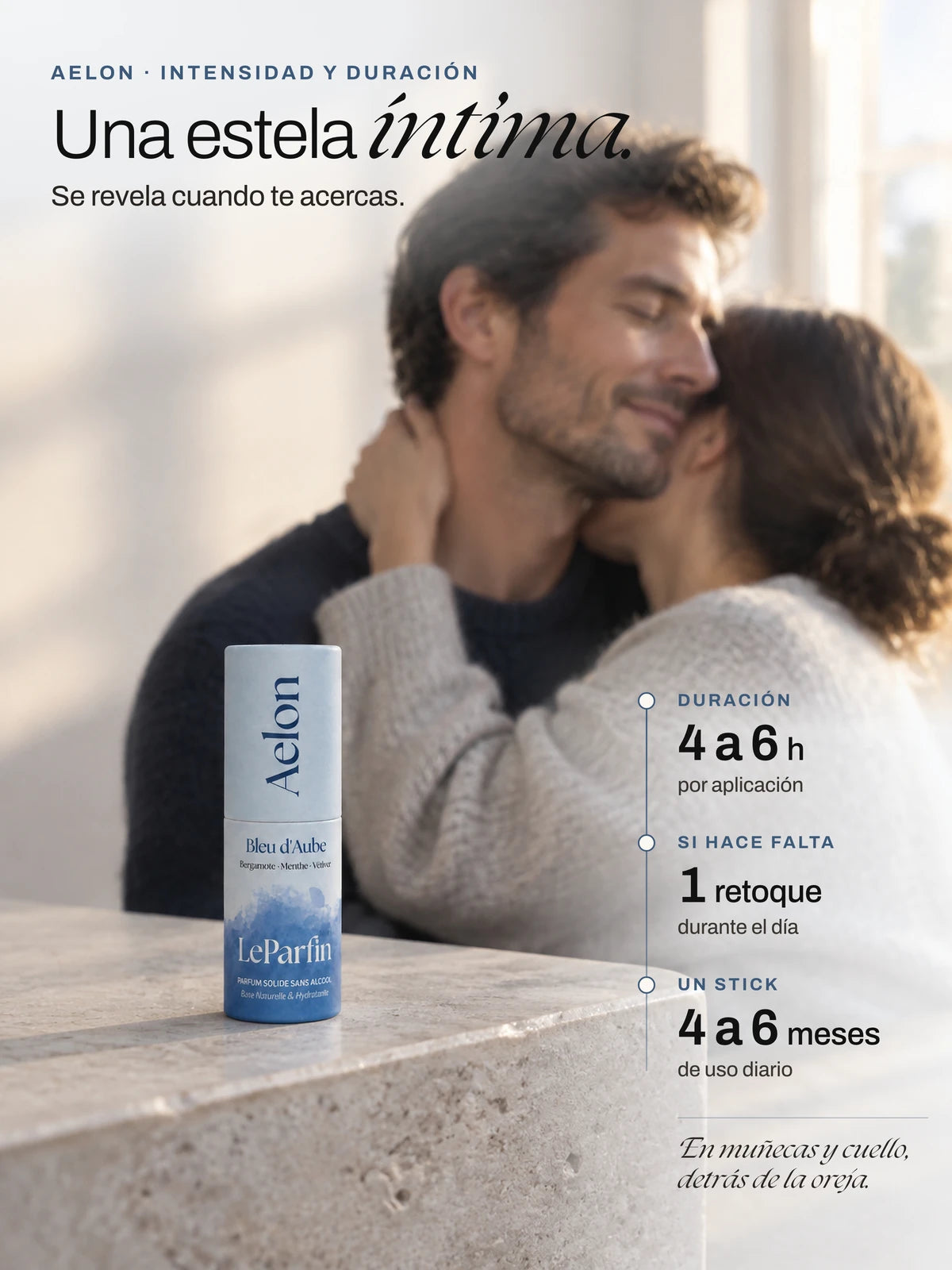 Aelon, una estela íntima: unas 4 a 6 h de duración por aplicación y 4 a 6 meses de uso por stick