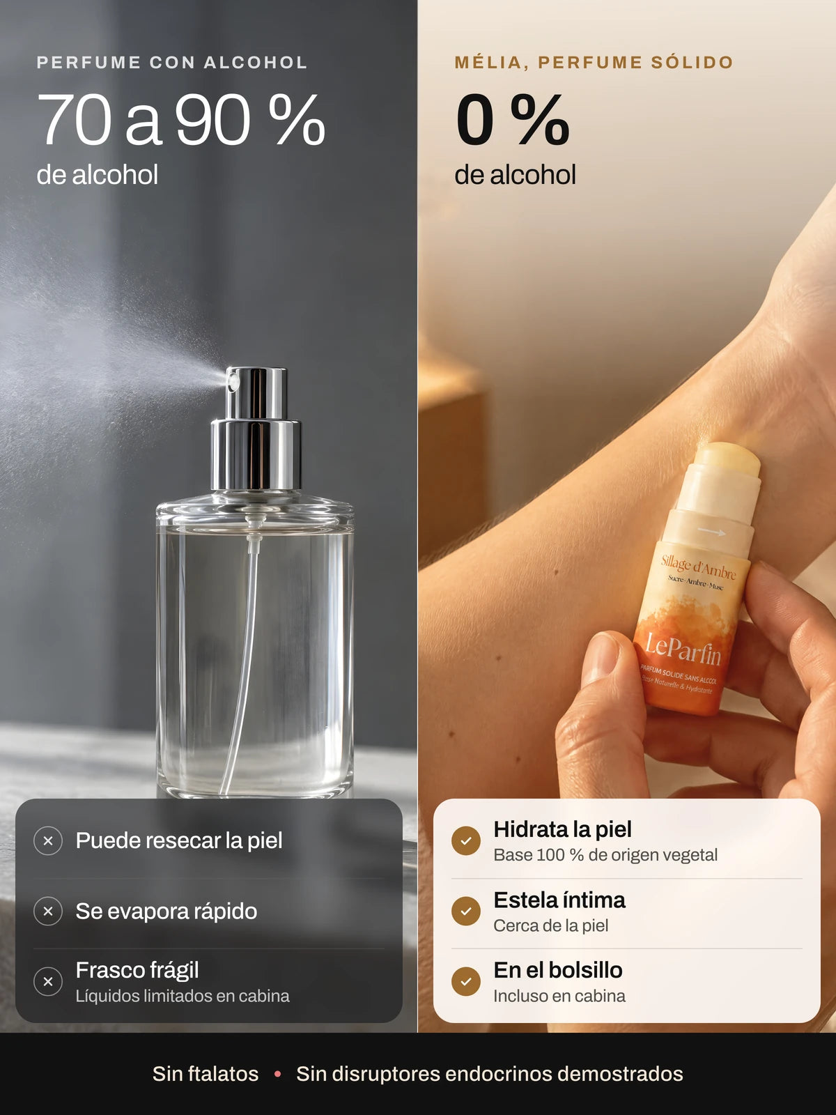 Mélia frente a un perfume en spray: 0 % de alcohol, hidrata la piel, estela íntima y cabe en el bolsillo