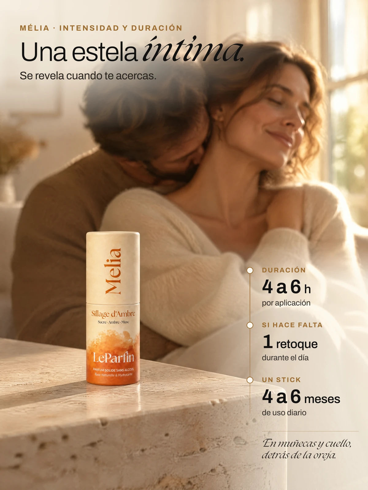 Mélia, una estela íntima: unas 4 a 6 h de duración por aplicación y 4 a 6 meses de uso por stick