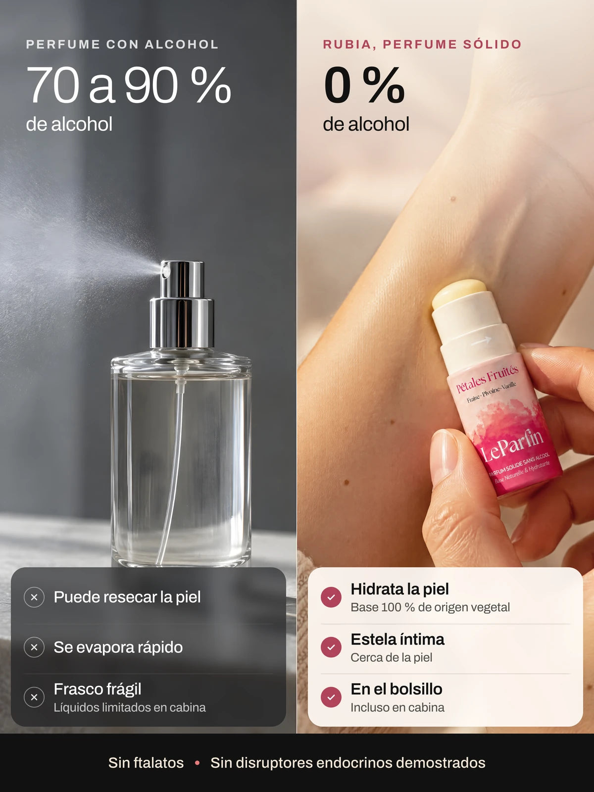 Rubia frente a un perfume en spray: 0 % de alcohol, hidrata la piel, estela íntima y cabe en el bolsillo