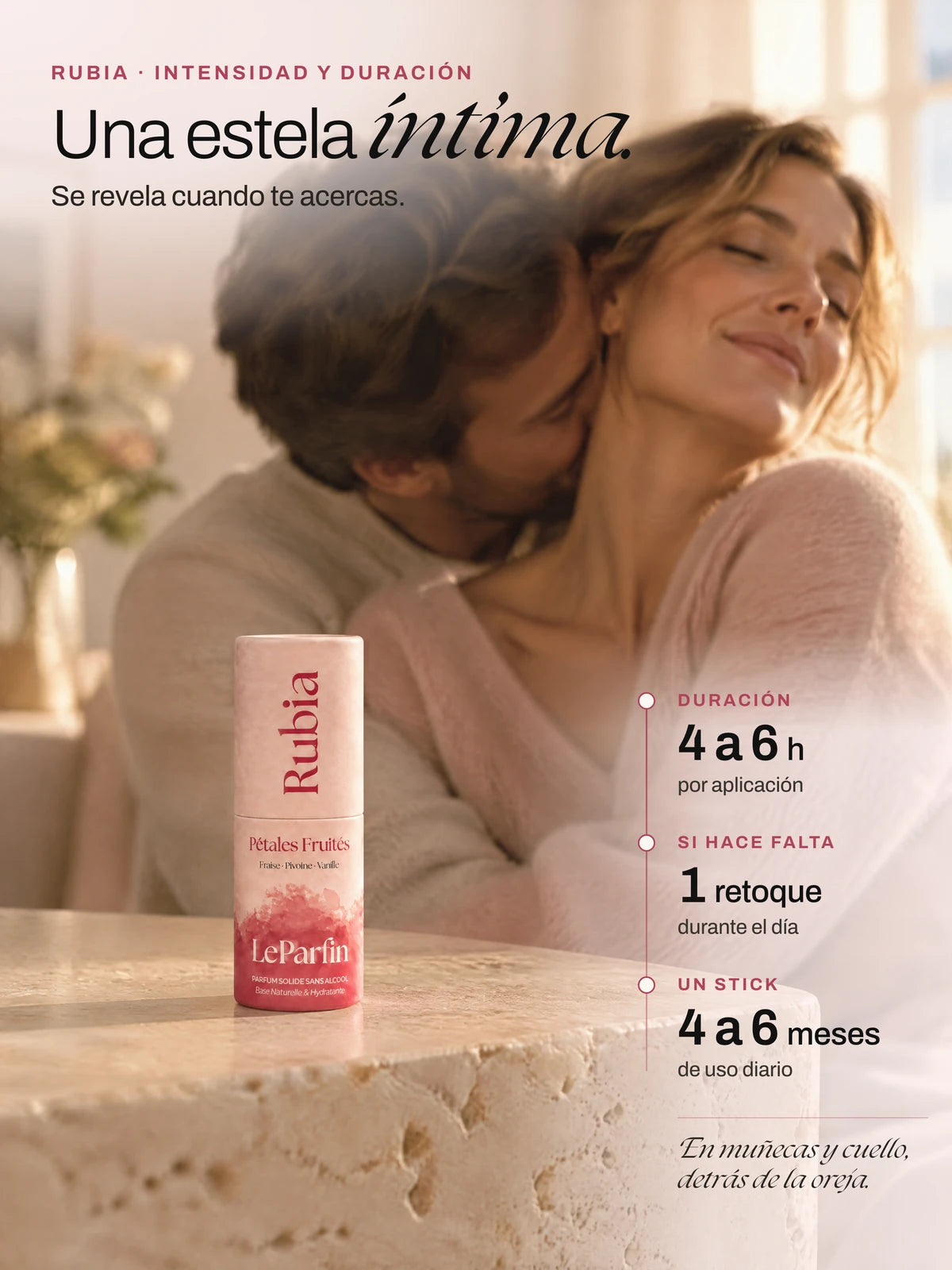 Rubia, una estela íntima: unas 4 a 6 h de duración por aplicación y 4 a 6 meses de uso por stick