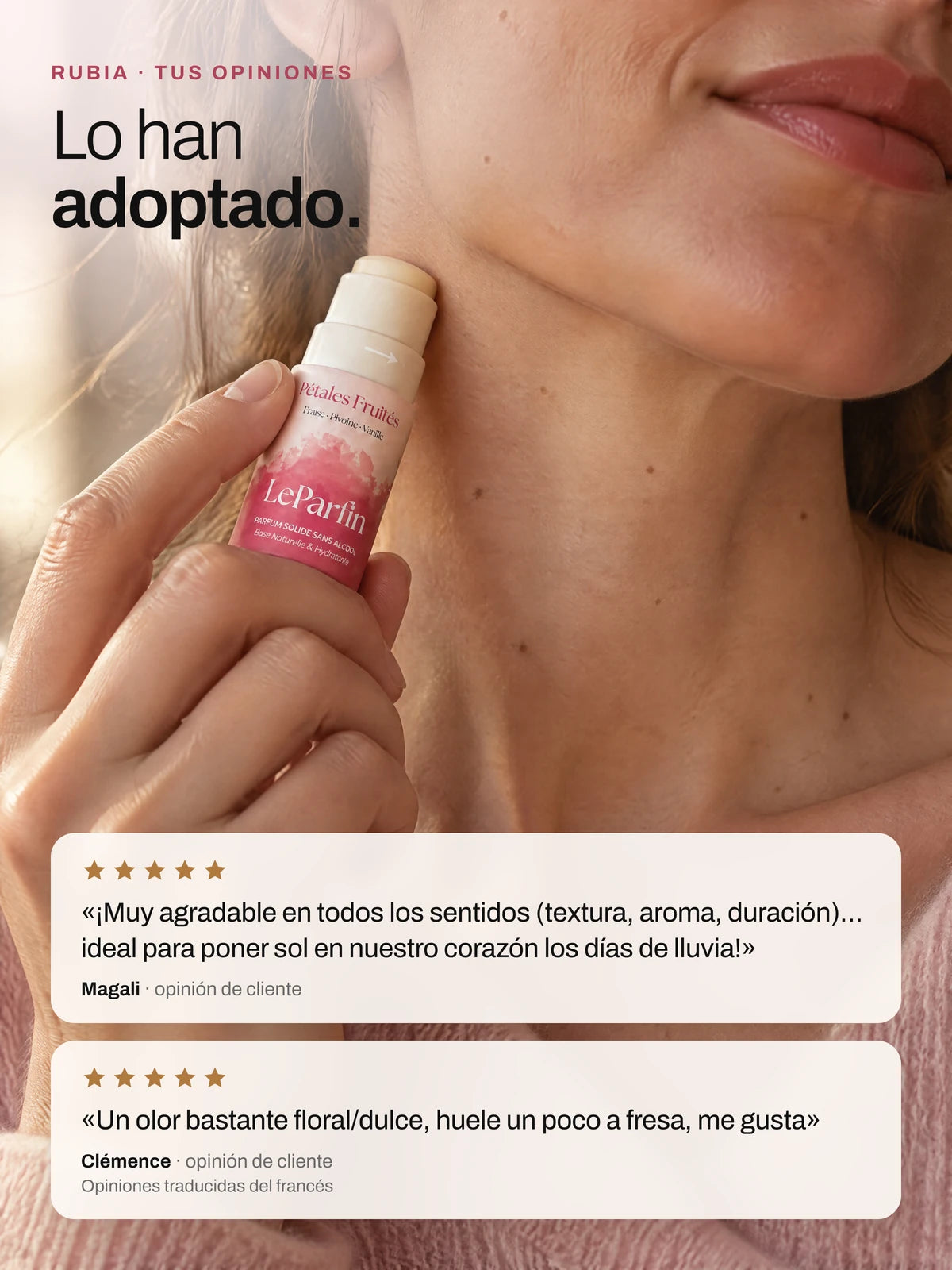 Rubia, opiniones de clientes: el stick aplicado en el cuello con reseñas de cinco estrellas