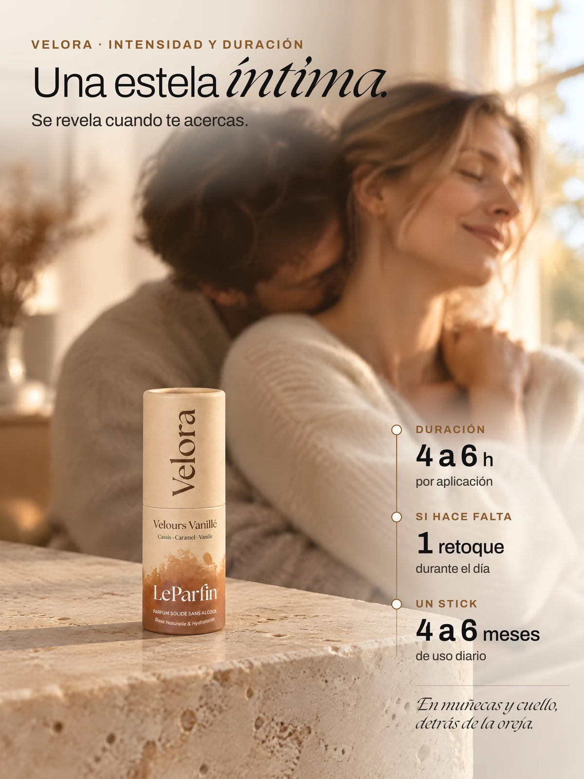 Velora, una estela íntima: unas 4 a 6 h de duración por aplicación y 4 a 6 meses de uso por stick