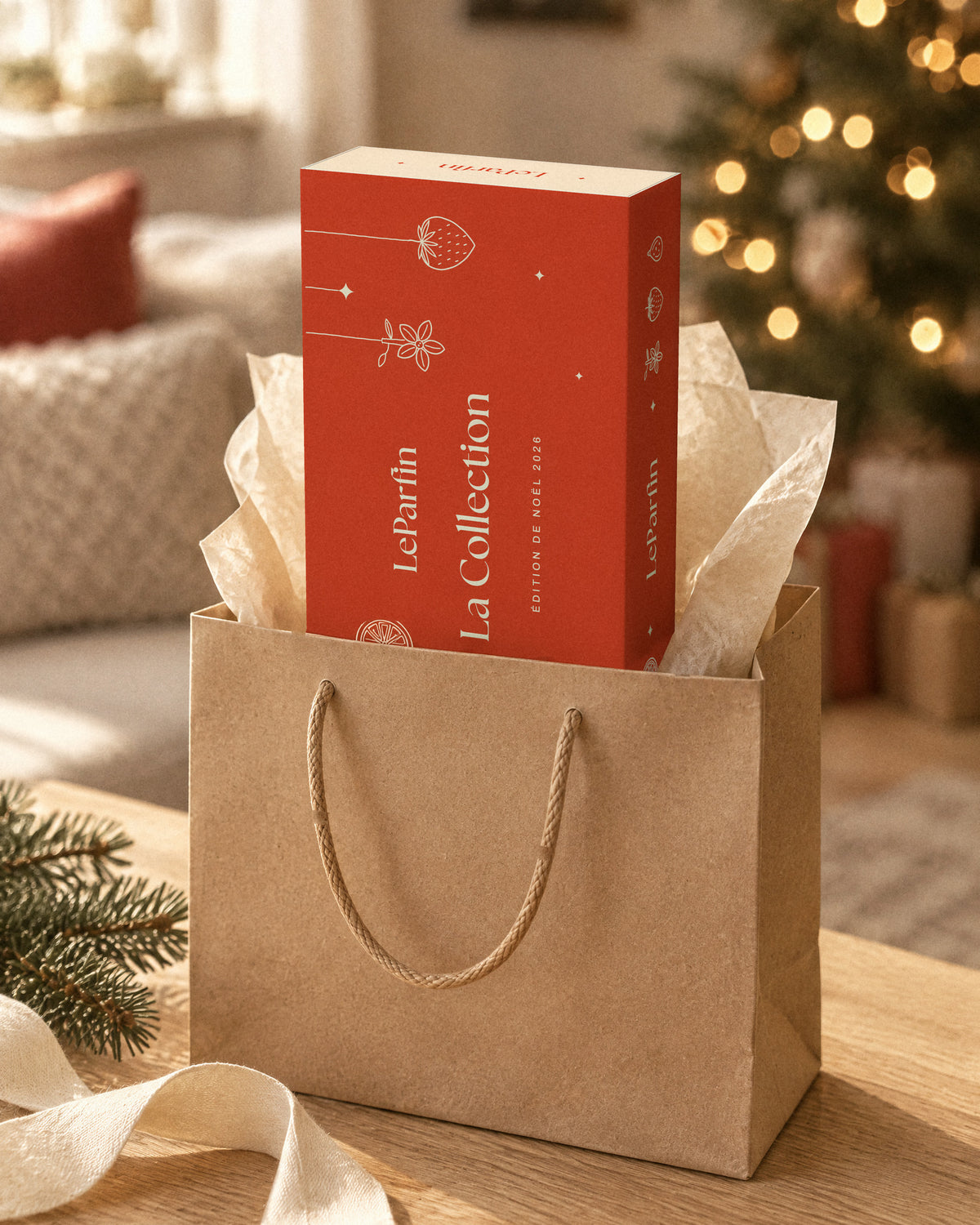 Le coffret glissé dans un sac cadeau en kraft, avec du papier de soie.