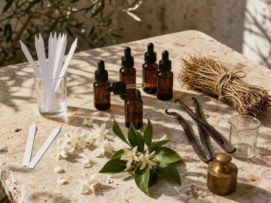 Mouillettes, flacons de matières premières, jasmin et vanille