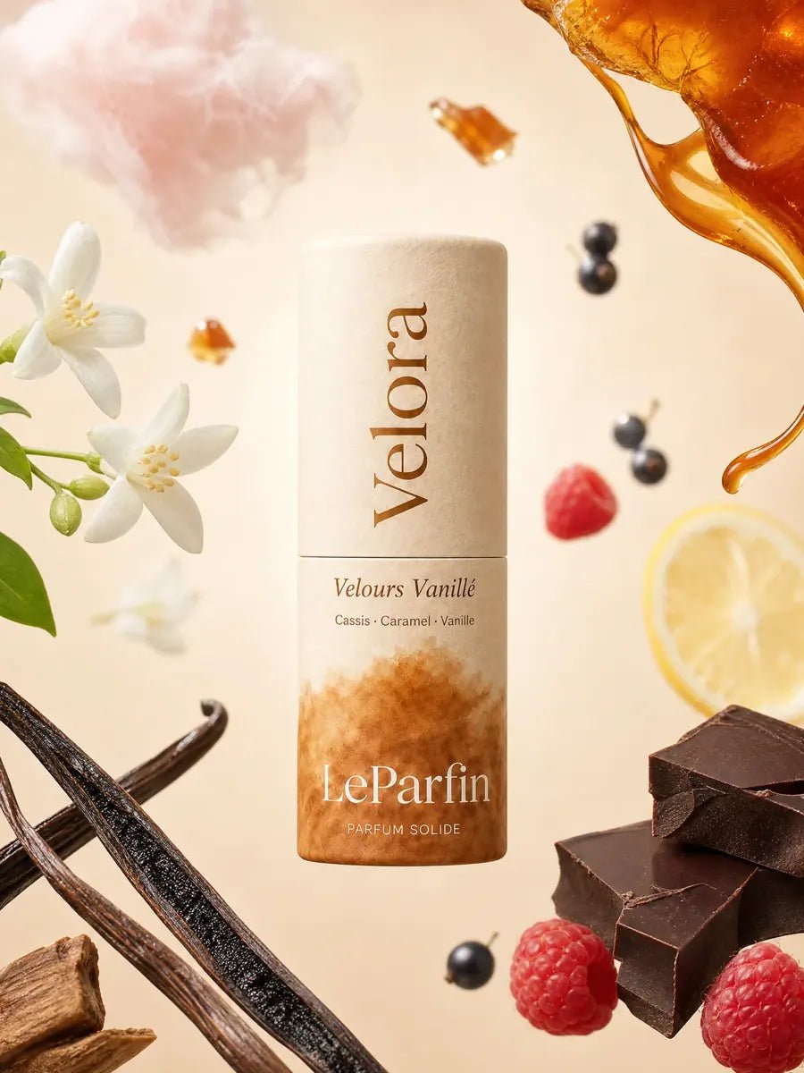 Velora et ses matières : Cassis · Caramel · Vanille
