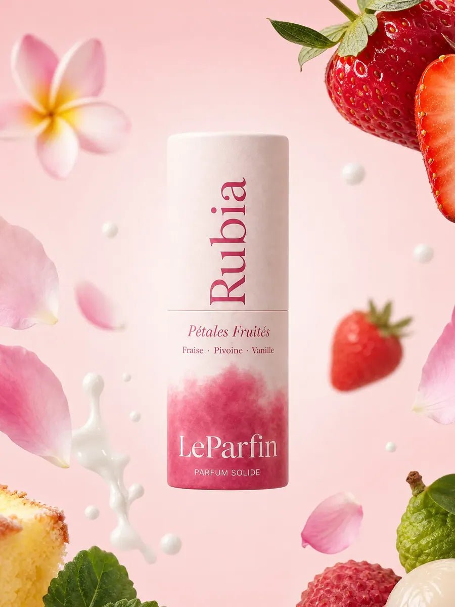 Rubia y sus materias: Fresa · Peonía · Vainilla